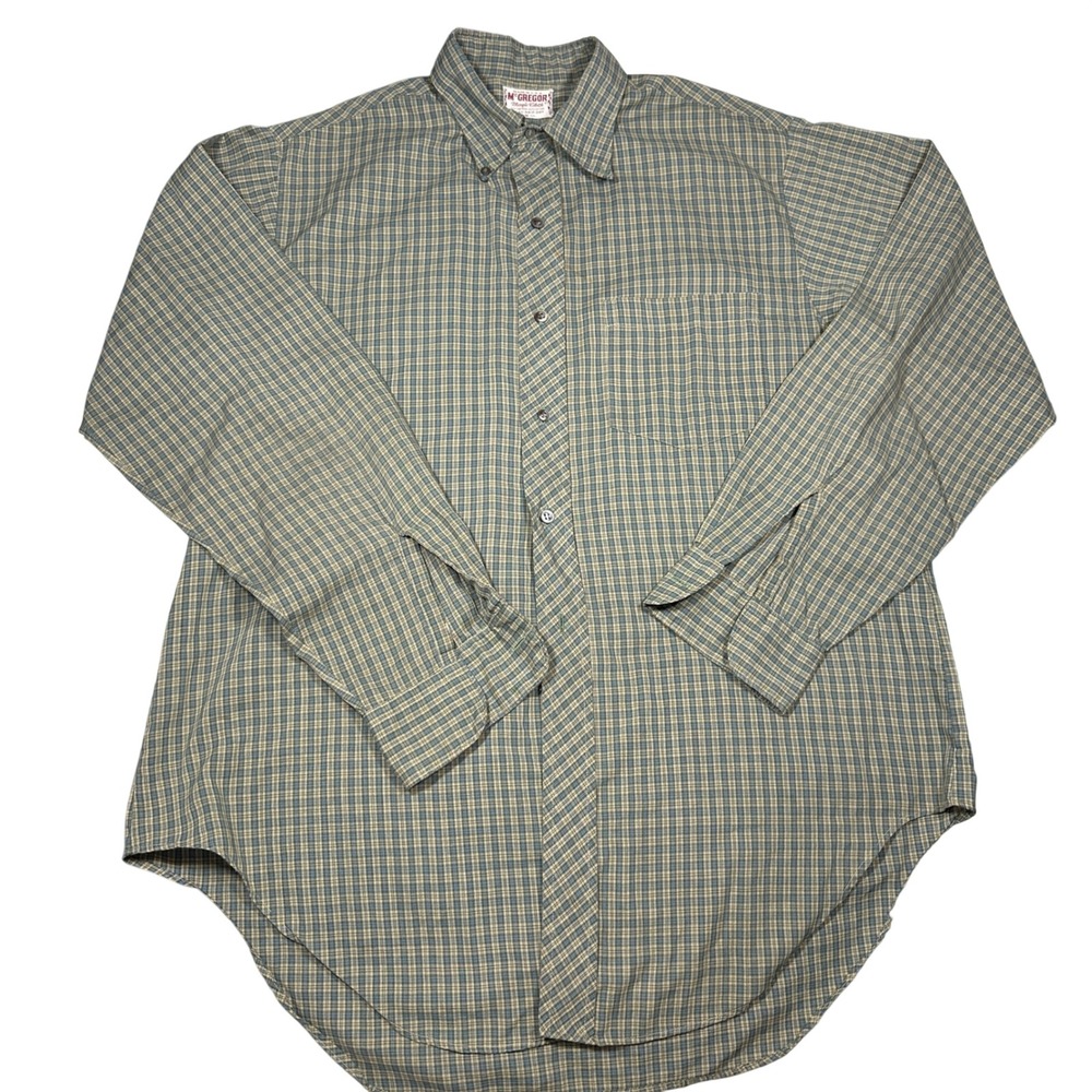 Vintage McGregor Magic Cloth Plaid Button Down Shirt Mens Medium Green Blue USA‎
